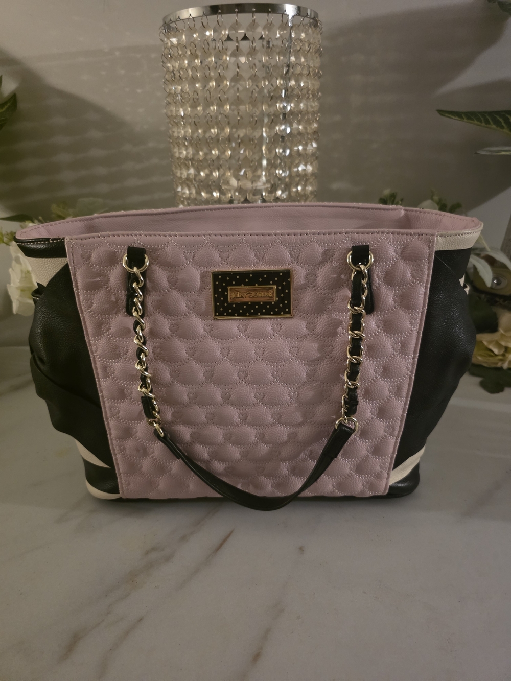 Betsey Johnson Pink and Black Quilted Chain-Handle Tote